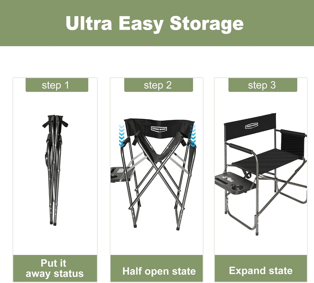 YOUNG WOOD Camping Directors Chair, Lightweight Oversized Portable Folding Chair with Side Table and Storage Pockets for Outdoor Camping, Lawn, Picnic and Fishing, Supports 400lbs (Black)