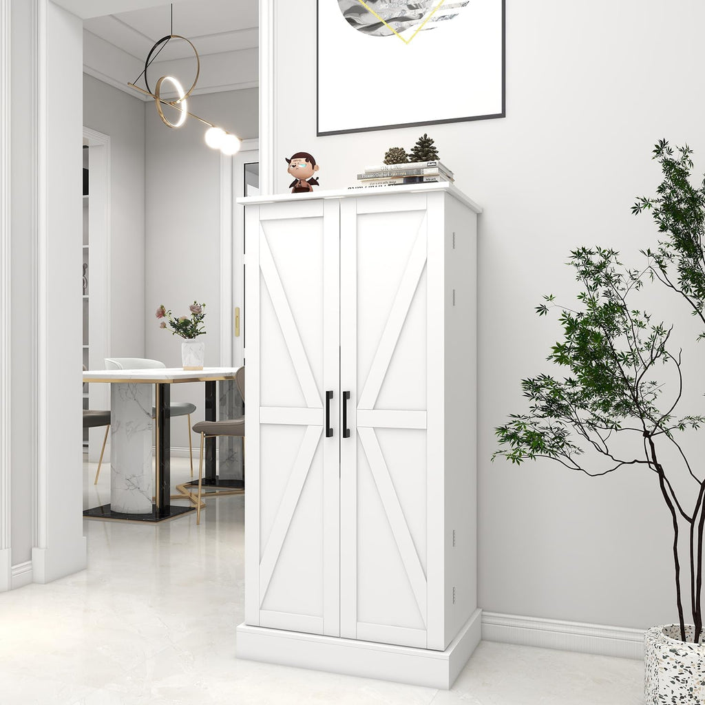 Locsear Kitchen Pantry Storage Cabinet w/LED, 50" Pantry Cabinets w/Doors and Adjustable Shelves, Freestanding Pantry Cupboard for Kitchen, Dinning Room, Living Room, Small Place, White