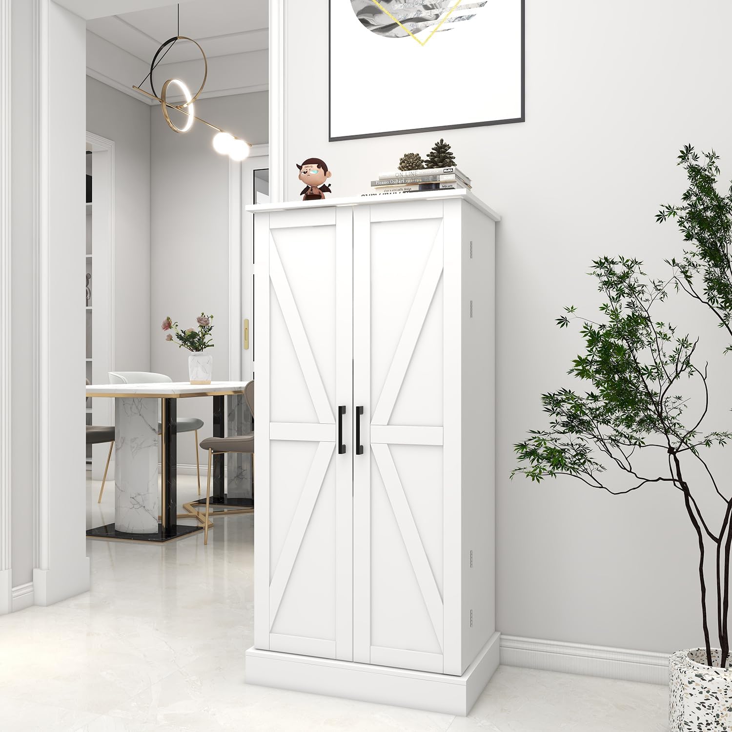 Locsear Kitchen Pantry Storage Cabinet w/LED, 50" Pantry Cabinets w/Doors and Adjustable Shelves, Freestanding Pantry Cupboard for Kitchen, Dinning Room, Living Room, Small Place, White
