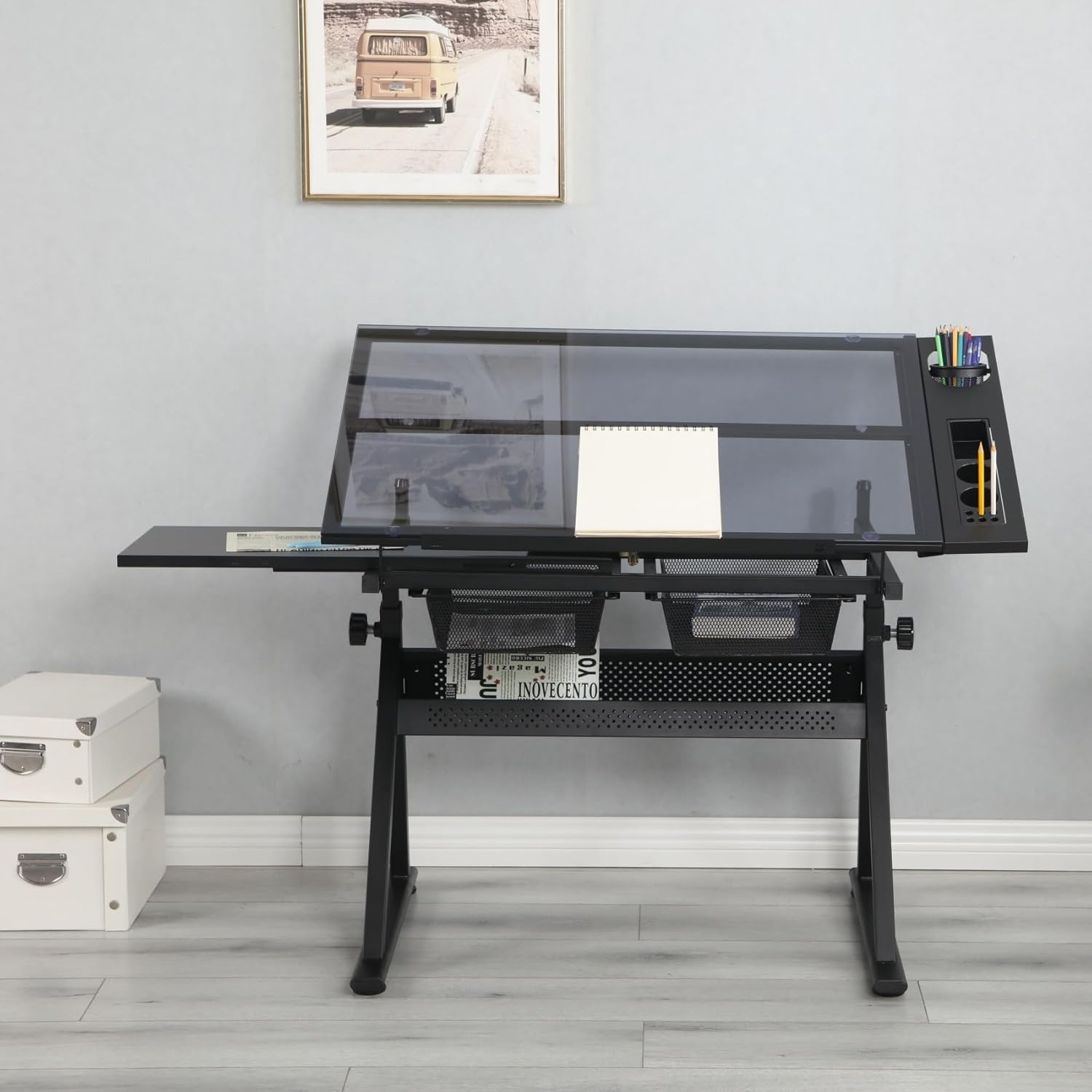 Drafting Table Desk, Painting Table Art Craft Desk Crafting Table with Tilting Tempered Glass Top, 2 Storage Drawers, Height Adjustable