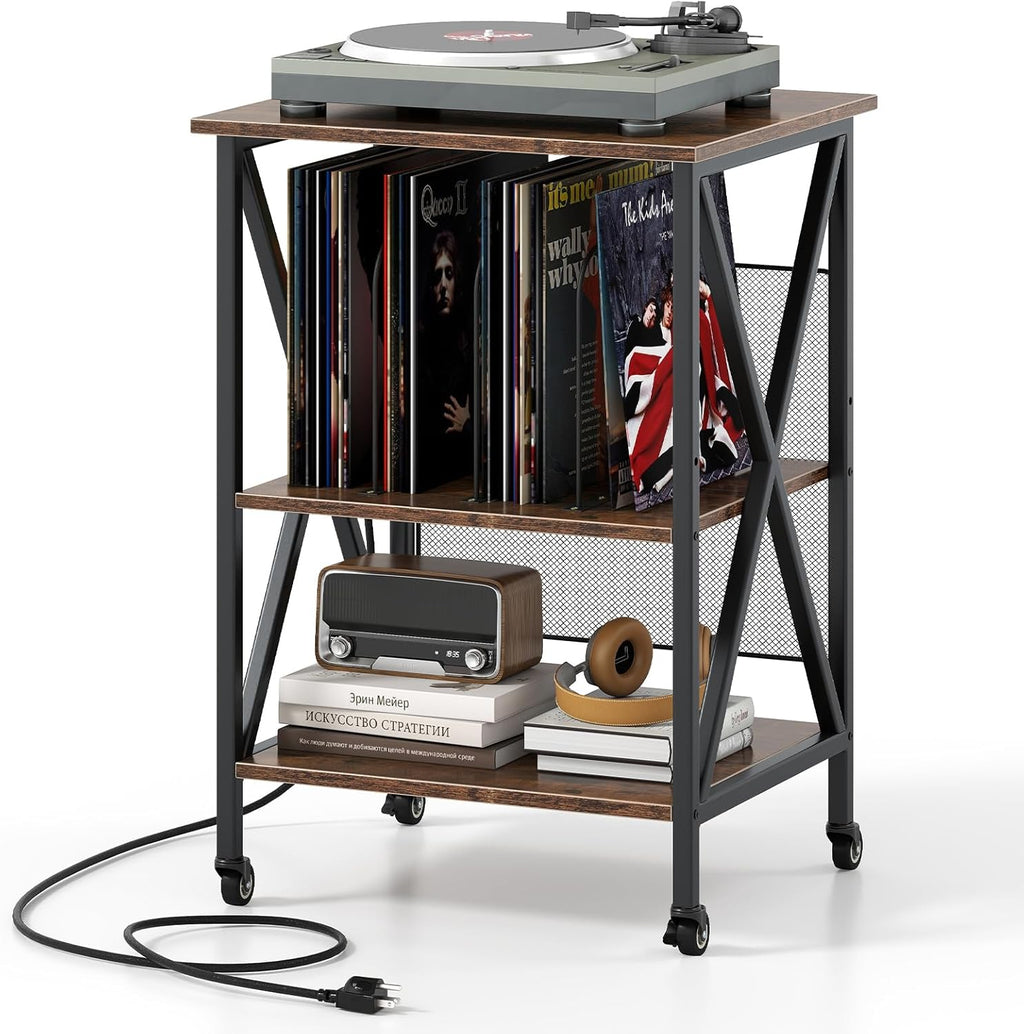 Giantex Record Player Stand with Charging Station, Turntable Stand with Record Storage & 4 Rolling Wheels, Vinyl Record Storage Table up to 250 Albums for Living Room, Bedroom (Dark Brown)