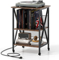 Giantex Record Player Stand with Charging Station, Turntable Stand with Record Storage & 4 Rolling Wheels, Vinyl Record Storage Table up to 250 Albums for Living Room, Bedroom (Dark Brown)