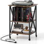 Giantex Record Player Stand with Charging Station, Turntable Stand with Record Storage & 4 Rolling Wheels, Vinyl Record Storage Table up to 250 Albums for Living Room, Bedroom (Dark Brown)