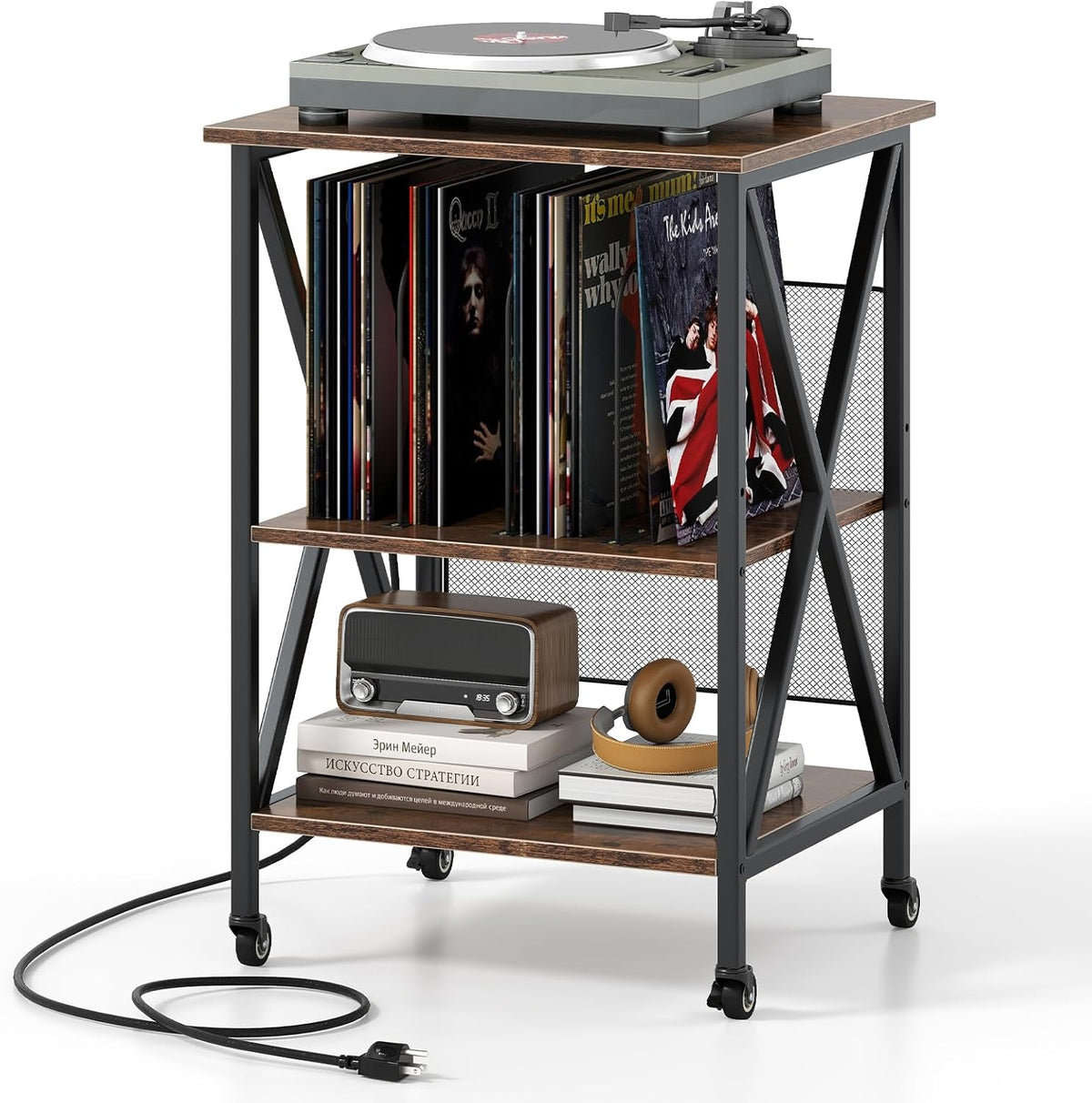 Giantex Record Player Stand with Charging Station, Turntable Stand with Record Storage & 4 Rolling Wheels, Vinyl Record Storage Table up to 250 Albums for Living Room, Bedroom (Dark Brown)