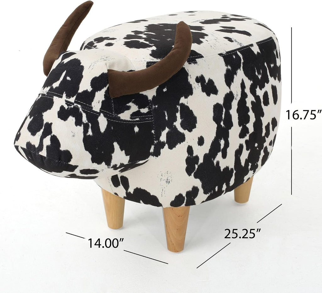 Modern Ottoman, Cow-Shaped Velvet Accent Footstool with Birch Legs for Living Room, Bedroom, Porch, Garden, Balcony Decor, Artsy Animal Print Foot Stool, Cute Foot Rest for Couch Sofa(Black + White