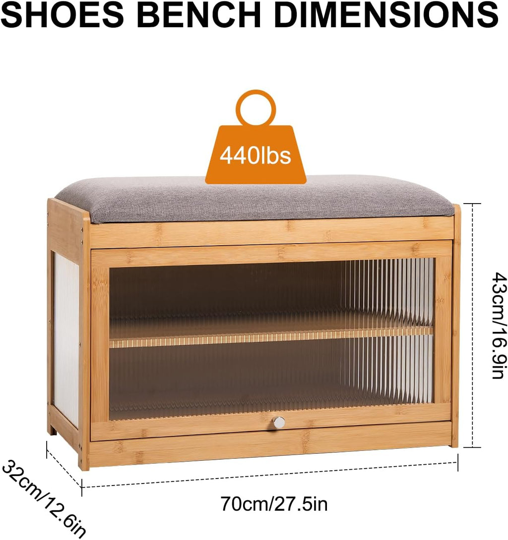 Bamboo Shoe Storage Bench with Seat Cushion for Entryway, 27" Farmhouse Small Shoe Rack with Hidden Flip-Top Storage & Dustproof Acrylic Door, 2-Tier Narrow Shoe Cabinet Organizer, Natural