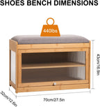 Bamboo Shoe Storage Bench with Seat Cushion for Entryway, 27" Farmhouse Small Shoe Rack with Hidden Flip-Top Storage & Dustproof Acrylic Door, 2-Tier Narrow Shoe Cabinet Organizer, Natural