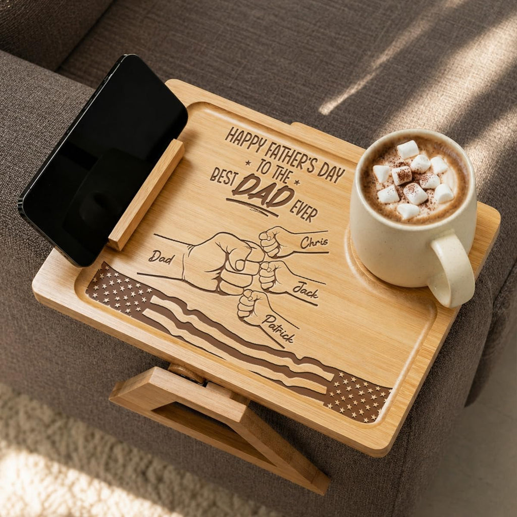 Wrappiness Custom Engraved Couch Arm Table for Dad, Wood Sofa Arm Rest Tables with 360° Phone Holder, Portable Sofa Armrest Tray for Drink Snacks, Gift for Fathers Day (Best Dad Ever)