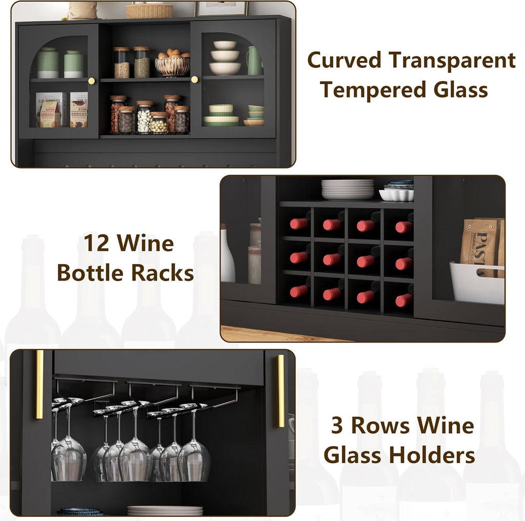 72'' Large Kitchen Pantry Cabinet with LED Light, Black Kitchen Hutch with Pegboard & Wine Racks, Modern Pantry Cupboard with Countertop & Storage Drawers, Tall Bar Cabinet for Dining Room, Home