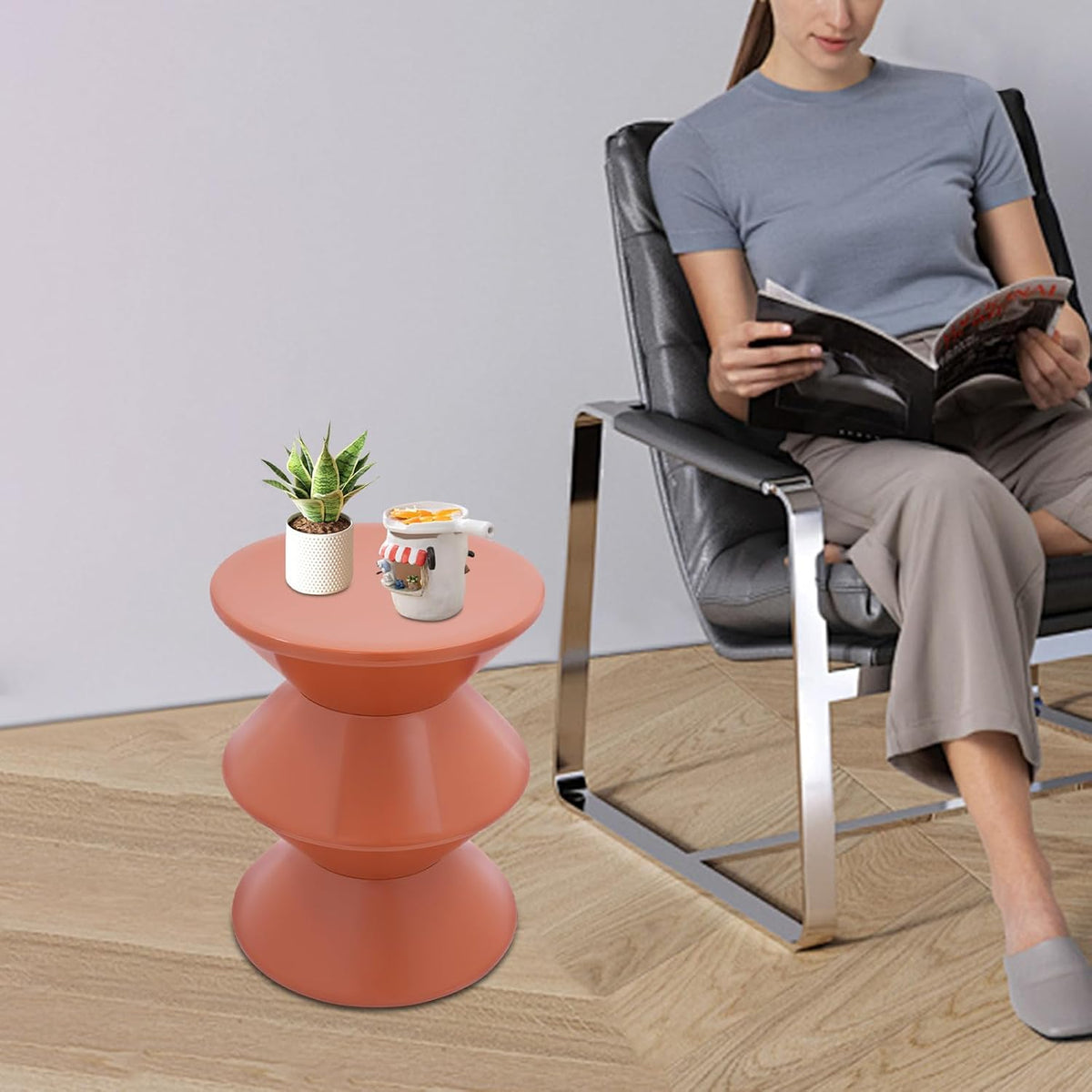 Round Side Table,Modern Hourglass Shaped Accent Stool, Minimalist Sofa Side Table Round Small Coffee End Table for Living Rooms, Bedrooms,Offices (Orange)