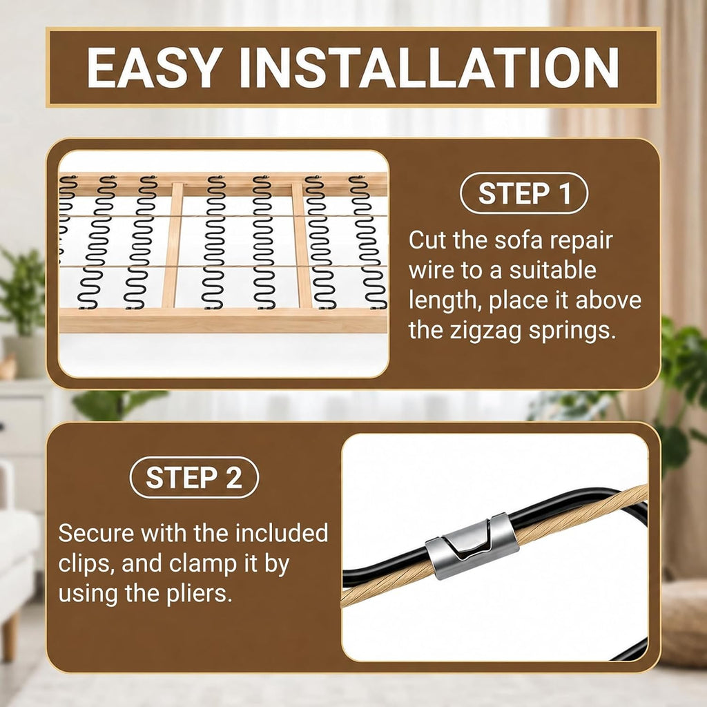 SOUJOY 131ft Upholstery Stay Wire for Sofa Furniture Springs, Paper Wrapped Wire 9 Gauge with 80 Clips, Couch Spring Repair Kit