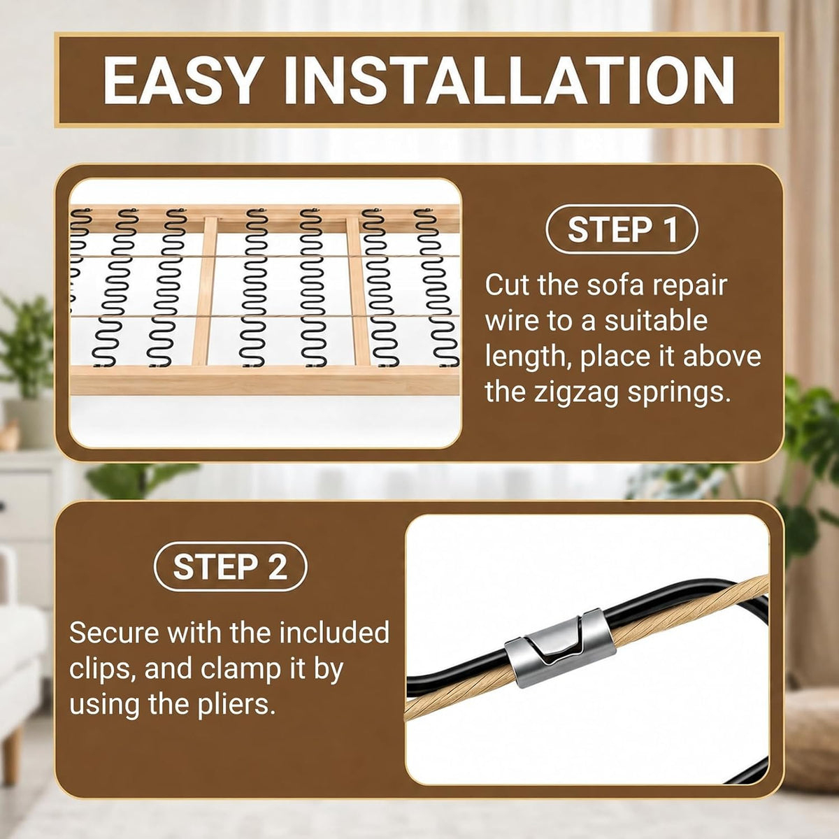 SOUJOY 131ft Upholstery Stay Wire for Sofa Furniture Springs, Paper Wrapped Wire 9 Gauge with 80 Clips, Couch Spring Repair Kit