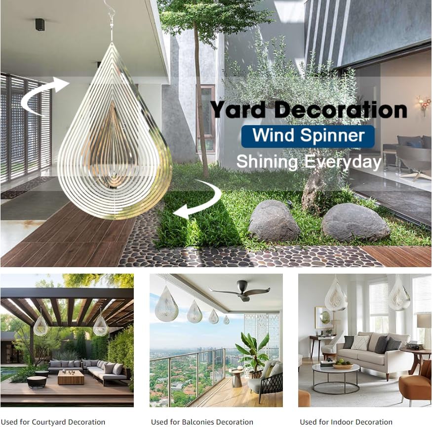 Wind Spinner Flowing-Light Effect Courtyard Decorations Made of Stainless Steel House Hanging Decoration 12“x 8“ Spinners with a 360° Rotating Hook (1 pc Water Drop-Silver)