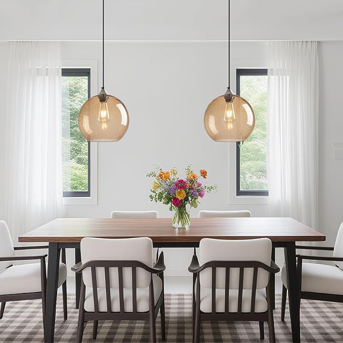 Light Brown Glass Pendant Lights Kitchen Island Globe Pendant Light Fixtures Modern Pendant Lighting for Bedroom Living Dining Room Light Fixture (9.84 in, 3 Pack)