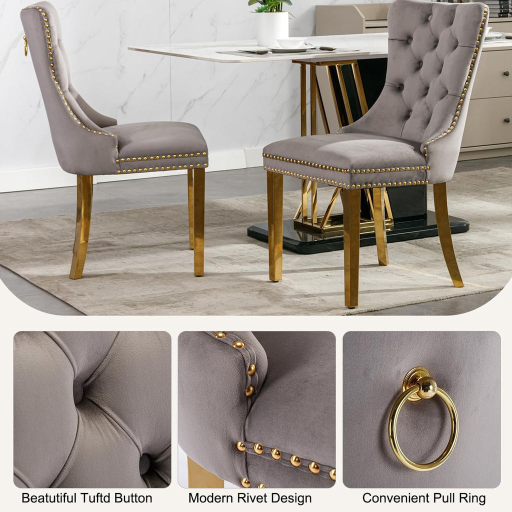 SSLine Modern White Marble Dining Table Set for 4,Luxury 68" Faux Marble Kitchen Table with Velvet Tufted Chairs for 4,5-Piece Dining Room Table Set with Gold Stainless Steel U-Shape Base