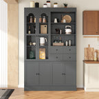 roomfitters 75 Inch Tall Kitchen Pantry Buffet Hutch with 4 Drawers and Glass Doors, Shaker Style, Gray
