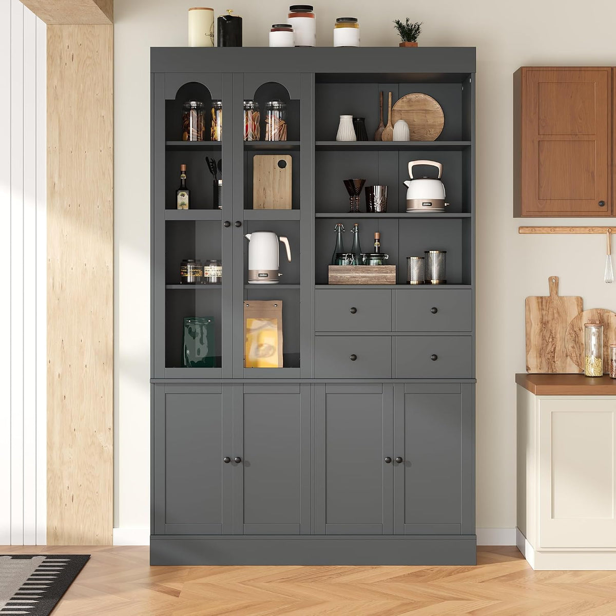 roomfitters 75 Inch Tall Kitchen Pantry Buffet Hutch with 4 Drawers and Glass Doors, Shaker Style, Gray