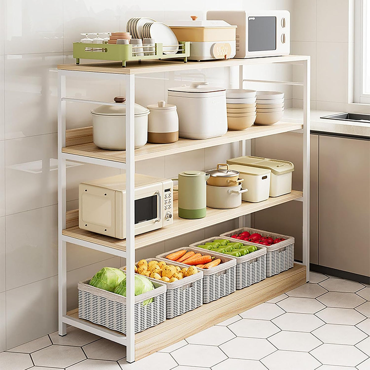 Kitchen Shelf, Floor-Standing Shelf, Shelf, Countertop Kitchen, Multi-Layer Large-Capacity Storage Rack, Multifunctional Pot Oven Microwave Rack 80 * 35 * 80cm Fourlayersofblack