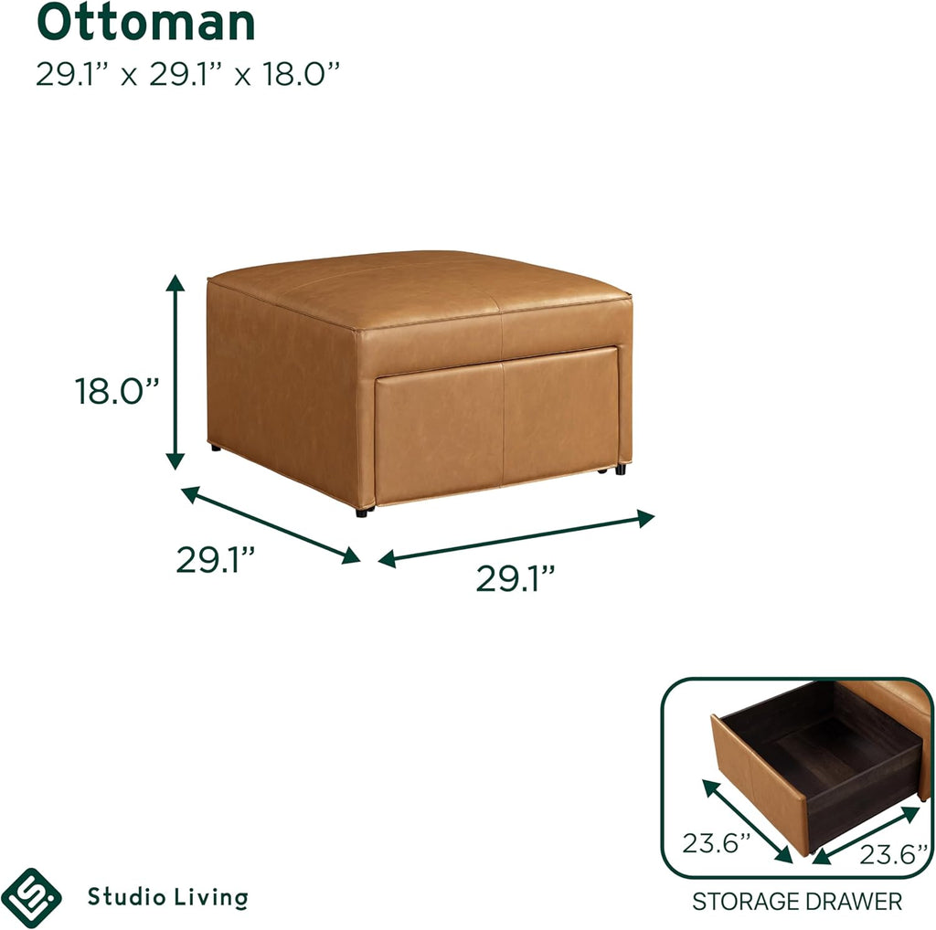 Studio Living® Harrison 29.1" Storage Ottoman, Large Removable Storage Drawer, Vegan Leather Fabric, Carmel