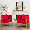 Velvet Accent Barrel Chairs Set of 2, Modern Arm Club Chair Set with Pillow for Living Room/Bedroom/Guest Reception, Channel Tufted, Gold Finish Base, Red