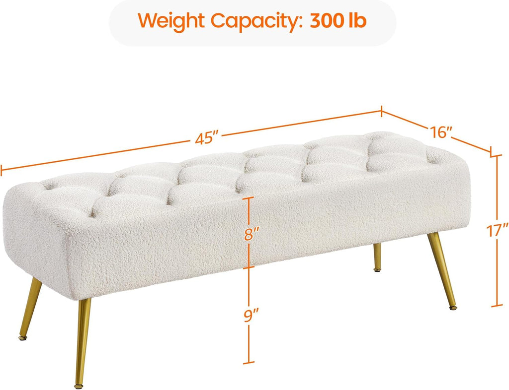 Topeakmart Dining Bench, Button-Tufted Upholstered Bench with Gold Metal Base for Kitchen, Living Room, Entryway - Ivory