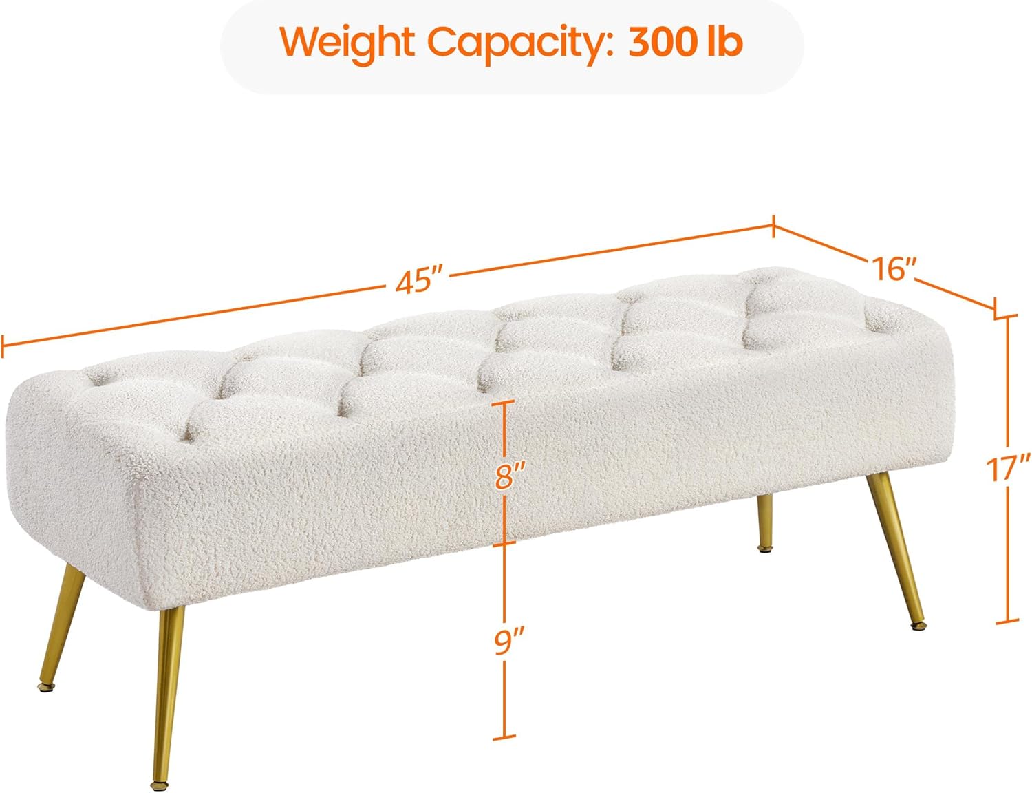 Topeakmart Dining Bench, Button-Tufted Upholstered Bench with Gold Metal Base for Kitchen, Living Room, Entryway - Ivory