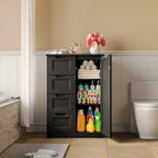 Gizoon Small Pantry Cabinet with Door and Shelves, 33'' Kitchen Pantry Cabinet Freestanding Wooden Bathroom Storage Cabinet with 4 Drawers for Kitchen and Dining Room, Black, Painted