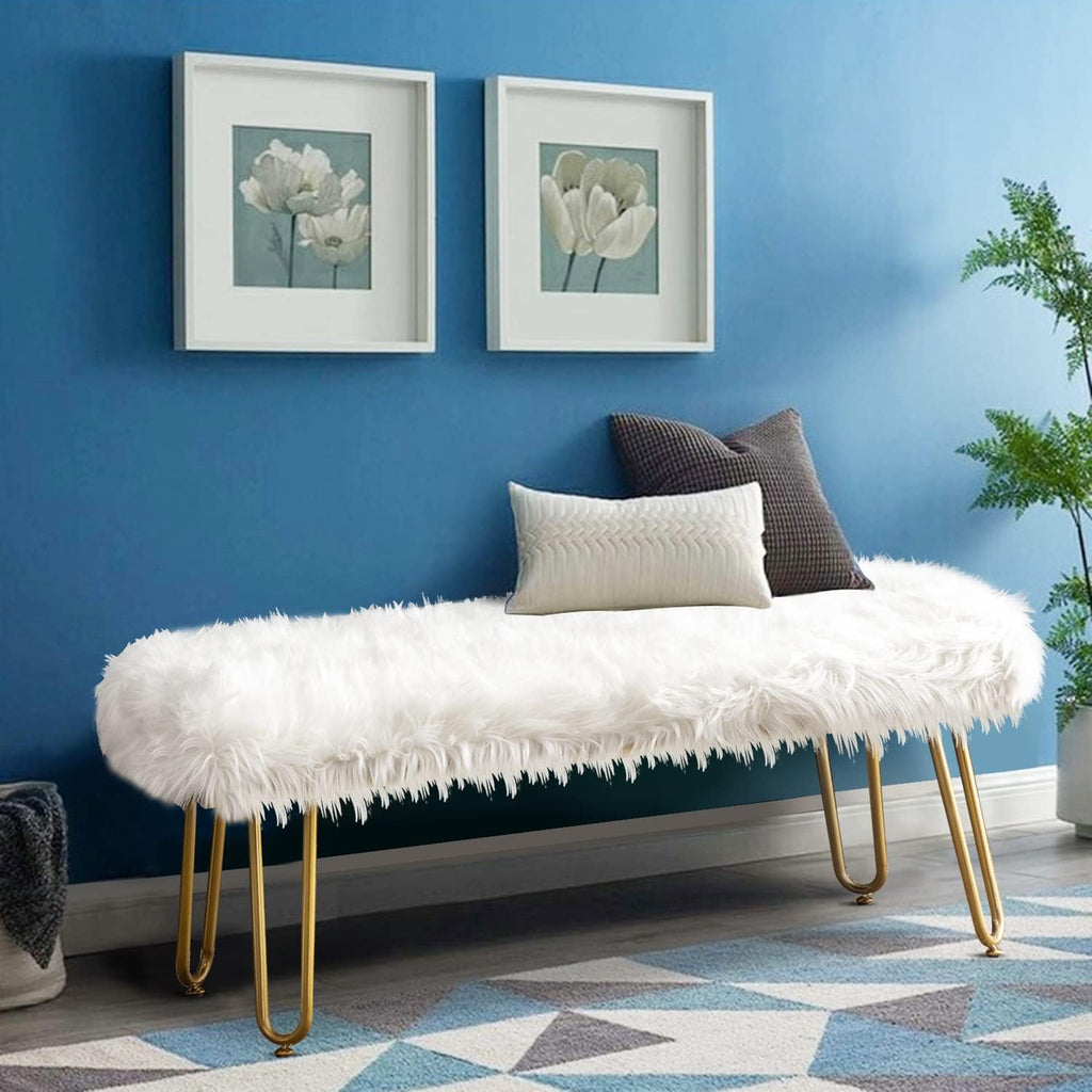 White Faux Fur Ottoman Bench Upholstered Furry Entryway Bedroom Bench with Gold Metal Legs, Modern Contemporary Long Bench Ottoman Hair Foot Rest Stool for Entryway, Living Room, Bedroom