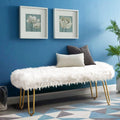 White Faux Fur Ottoman Bench Upholstered Furry Entryway Bedroom Bench with Gold Metal Legs, Modern Contemporary Long Bench Ottoman Hair Foot Rest Stool for Entryway, Living Room, Bedroom