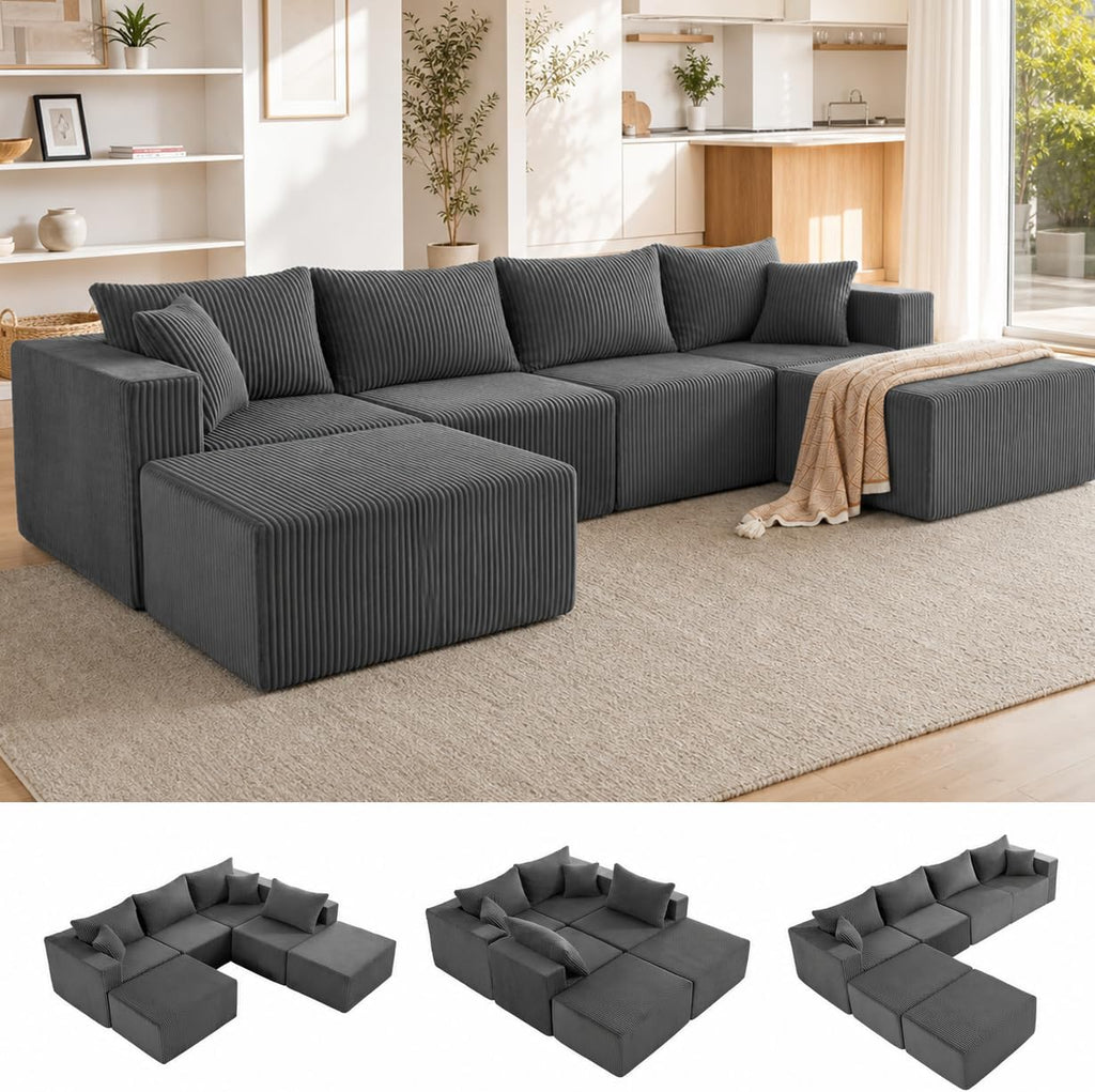 121" Couch, U Shaped Sofa, Sectional Couches for Living Room | Couches for Living Room, Cloud deep seat,modular sectional sofa, Converts to sleeper w/ Oversized ottoman（Grey)