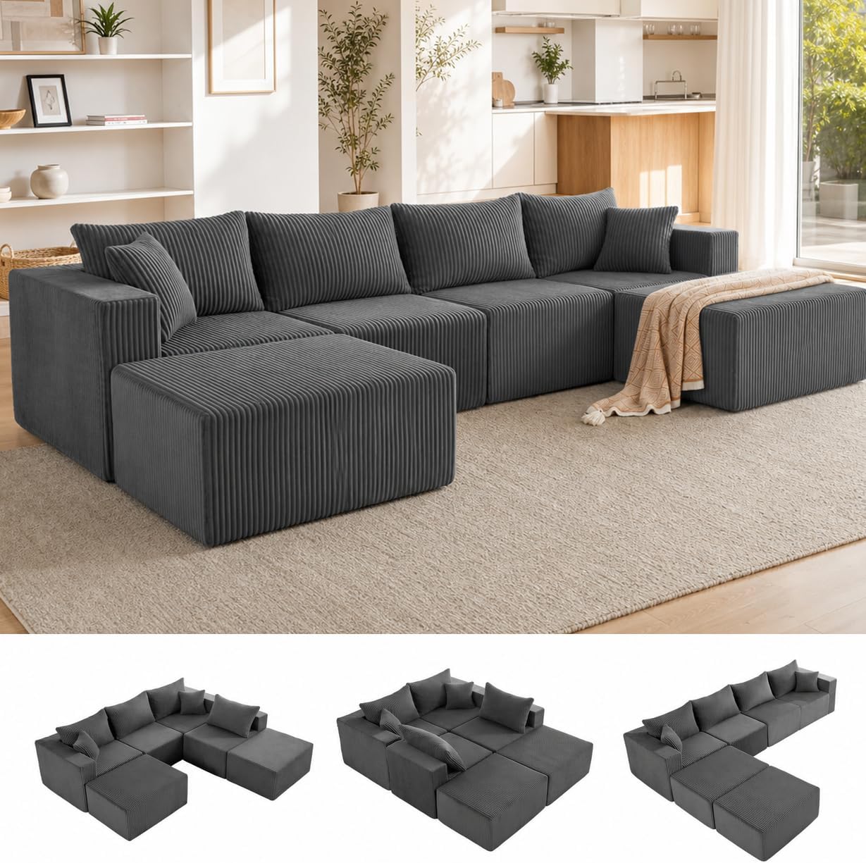 121" Couch, U Shaped Sofa, Sectional Couches for Living Room | Couches for Living Room, Cloud deep seat,modular sectional sofa, Converts to sleeper w/ Oversized ottoman（Grey)
