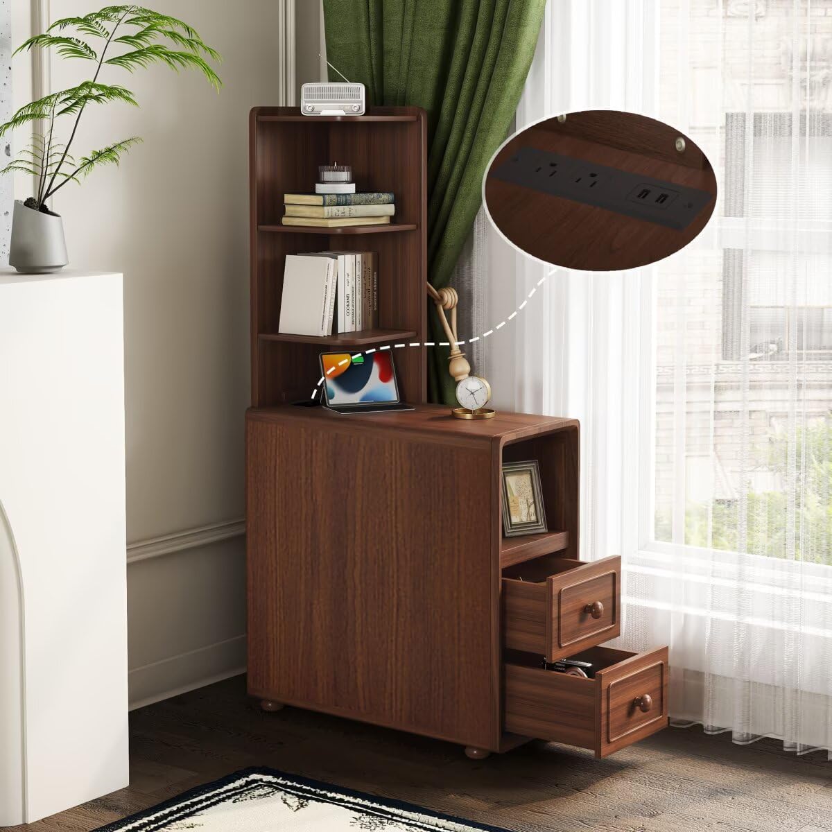 JIJIWANG Tall End Table with Drawers, 47.2" Corner Shelf Table with Open Storage, Narrow Side Table for Bedroom Living Room Small Space, Walnut