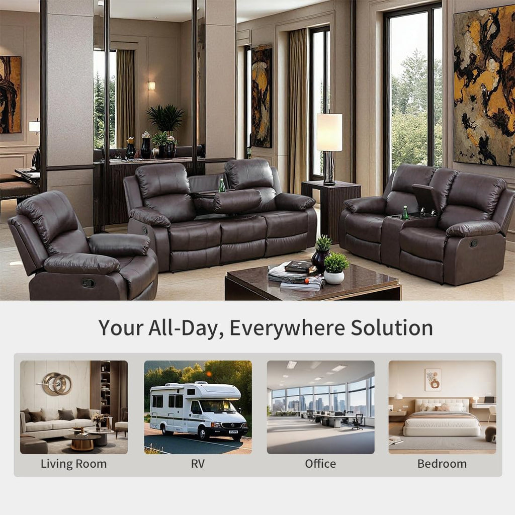 Manual Reclining Couch Sofa Set with Drop-Down Table, 3 Pieces Brown Leather Recliner Couch Sets, Living Room Furniture Sets, Recliner Sofa with Storage Console/Cup Holder for Home/Apartment