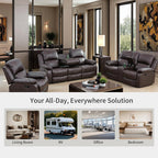 Manual Reclining Couch Sofa Set with Drop-Down Table, 3 Pieces Brown Leather Recliner Couch Sets, Living Room Furniture Sets, Recliner Sofa with Storage Console/Cup Holder for Home/Apartment