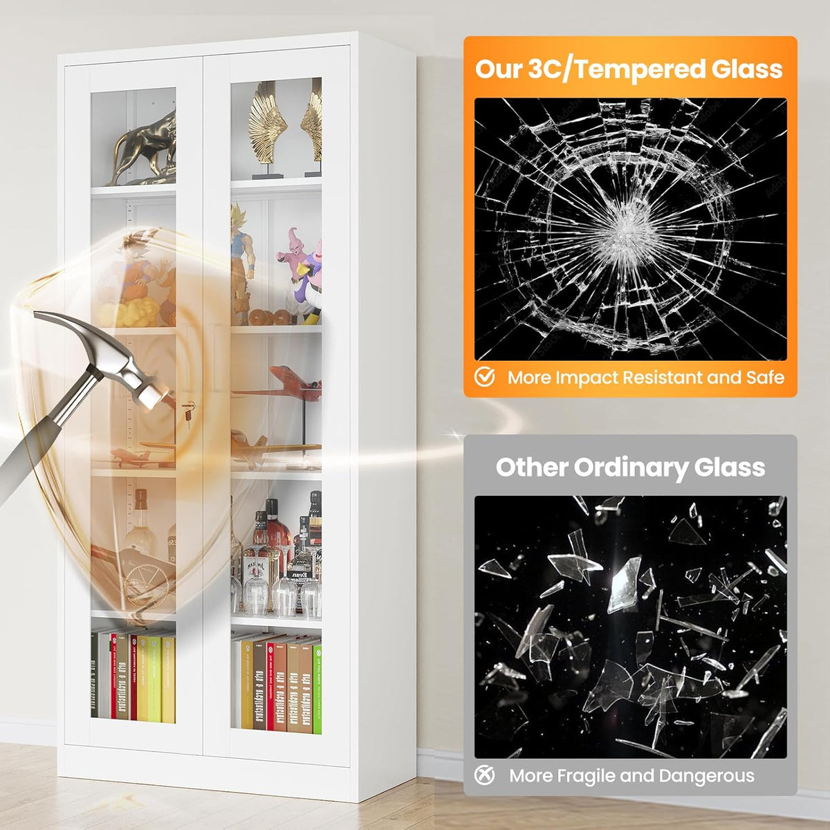 Locking Display Cabinet with Glass Door, 71”H Metal Curio Cabinets with Adjustable Shelves, White Liquor Caninet Display Case for Living Room, Collectibles, Clinic, Home - Assembly Required