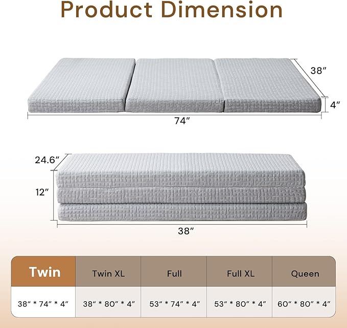 Foldable Mattress, 4 Inch Memory Foam Guest Floor Mat, Tri Folding Portable Mattress for Kids and Adults, Washable Cover, Non-Slip Design, Twin Grey (Size: 38" L x 74" W x 4" Th)