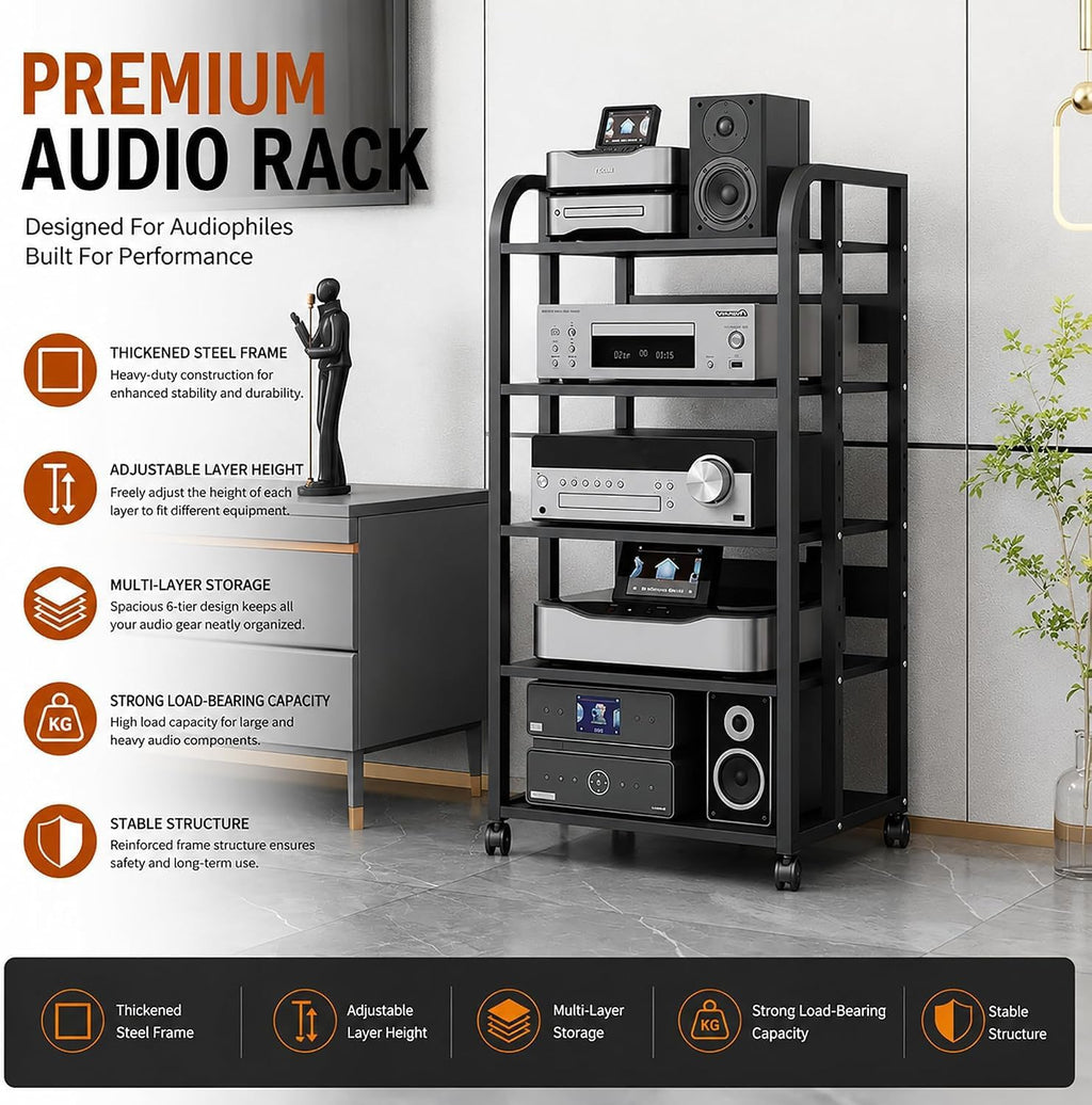 5 Tier Av Media Stand with Wheels, 39in Adjustable Audio Rack | Modern Stereo Cabinet Receiver Console Shelf, Audio Component Rack for Home/Office/Theater, Black