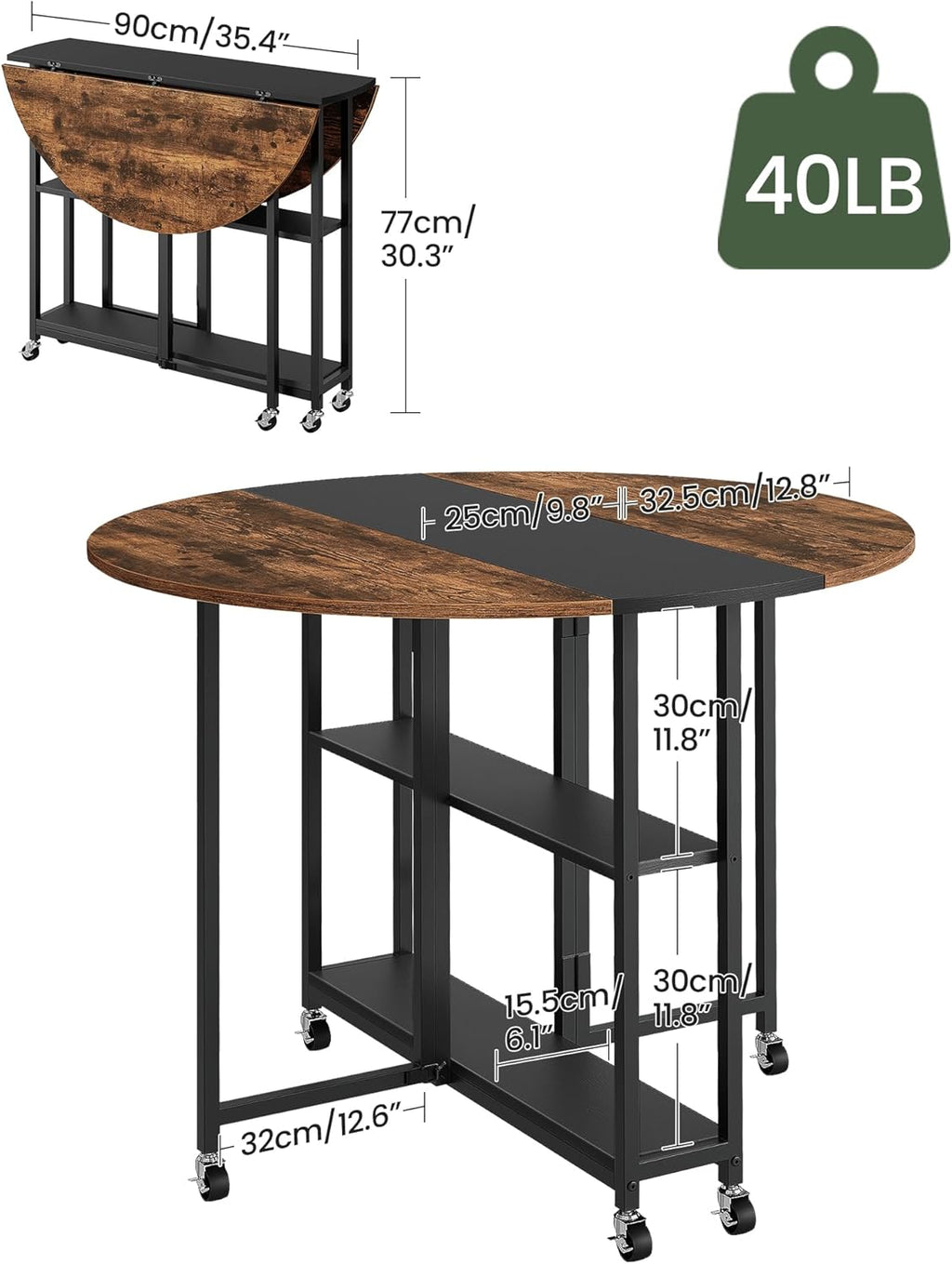 CHOEZON Folding Dining Table, Kitchen Table with 6 Wheels, Folding Round Table with 2-Layer Storage Shelf, Space Saving Dining Table for Small Spaces, Stable, Easy Assembly, Rustic Brown TCZ03BF