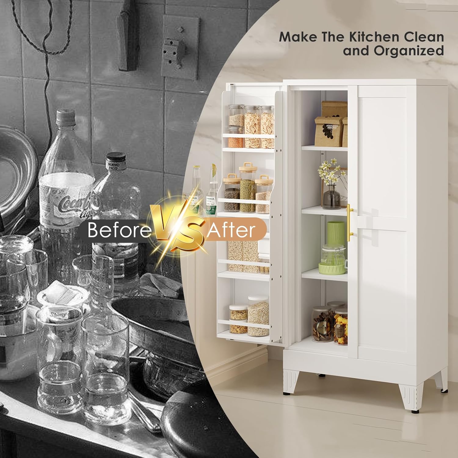 48" H Metal Kitchen Pantry Storage Cabinet, Freestanding Cupboard Storage Cabinet with Doors and Adjustable Shelves, Large Stand Up Food Cupboard for Living Room, Dinning Room, White