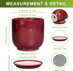 Ceramic Planter for Plants - Round Modern 7 Inch Plant Pot Indoor with Drainage Hole and Saucer, Home Patio Office Apartment Decor, Red