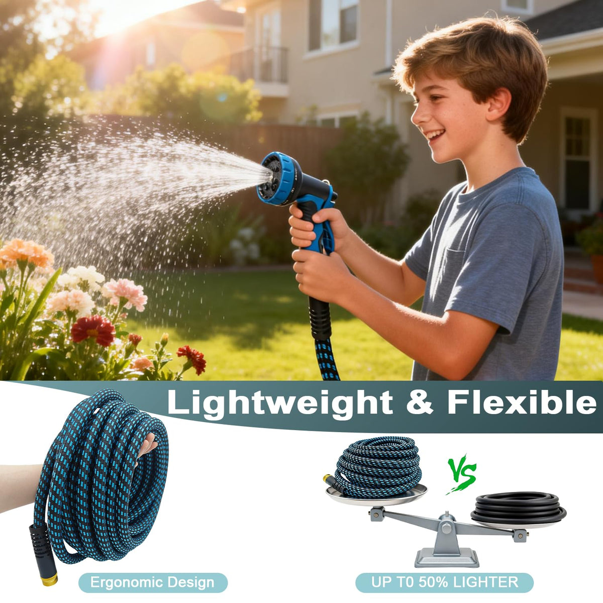 Garden Hose 50ft, Non-Expanding Water Hose Ultra Lightweight, Kink-Free Flexible Hose with 10-Pattern Nozzle, Durable & Abrasion Resistant Outdoor Hose for Yard, Lawn, Marine, RV, and Car Wash (50 FT)