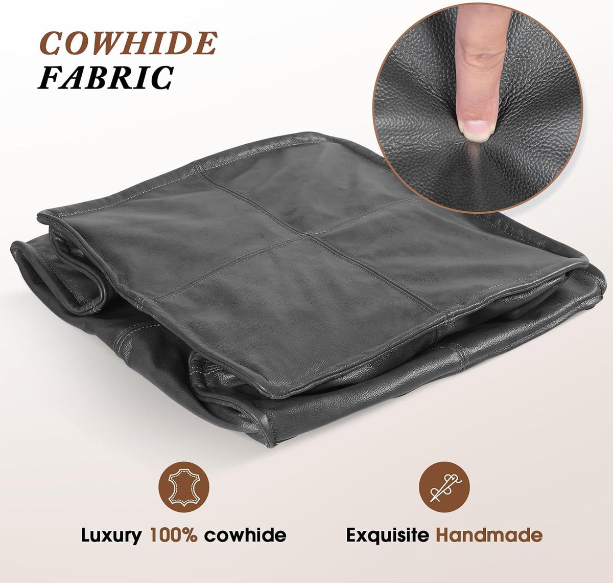 Leather Ottoman,Handmade Stuffed Square Ottoman,Genuine Leather Pouf, Foot Rest Pouf,Comfortable Soft Seating for Living Room & Bedroom (Grey, Square)