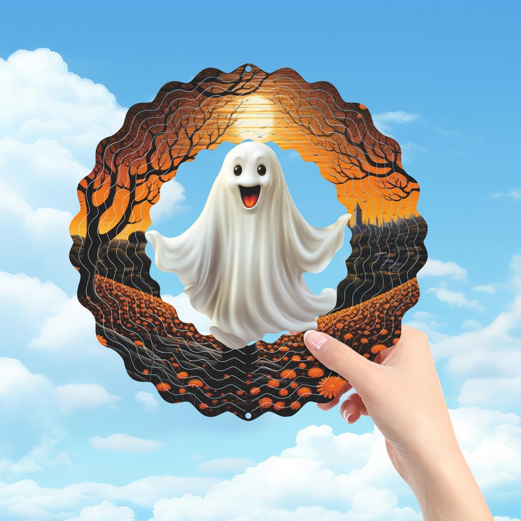 Hanging Wind Spinner Halloween Decor 10 Inch 3D Stainless Wind Spinner for Hanging Outdoor Holidays White Ghost Wind Spinners for All Saints' Day Room Party Garden Decor Outside