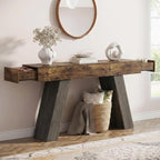 Kikihouse 63-Inch Long Console Table w/Storage Drawers, Wood Grain Sofa Table Behind Couch, for Entryway, Entrance, Hallway, Foyer, Living Room (Rustic Brown + Charcoal)