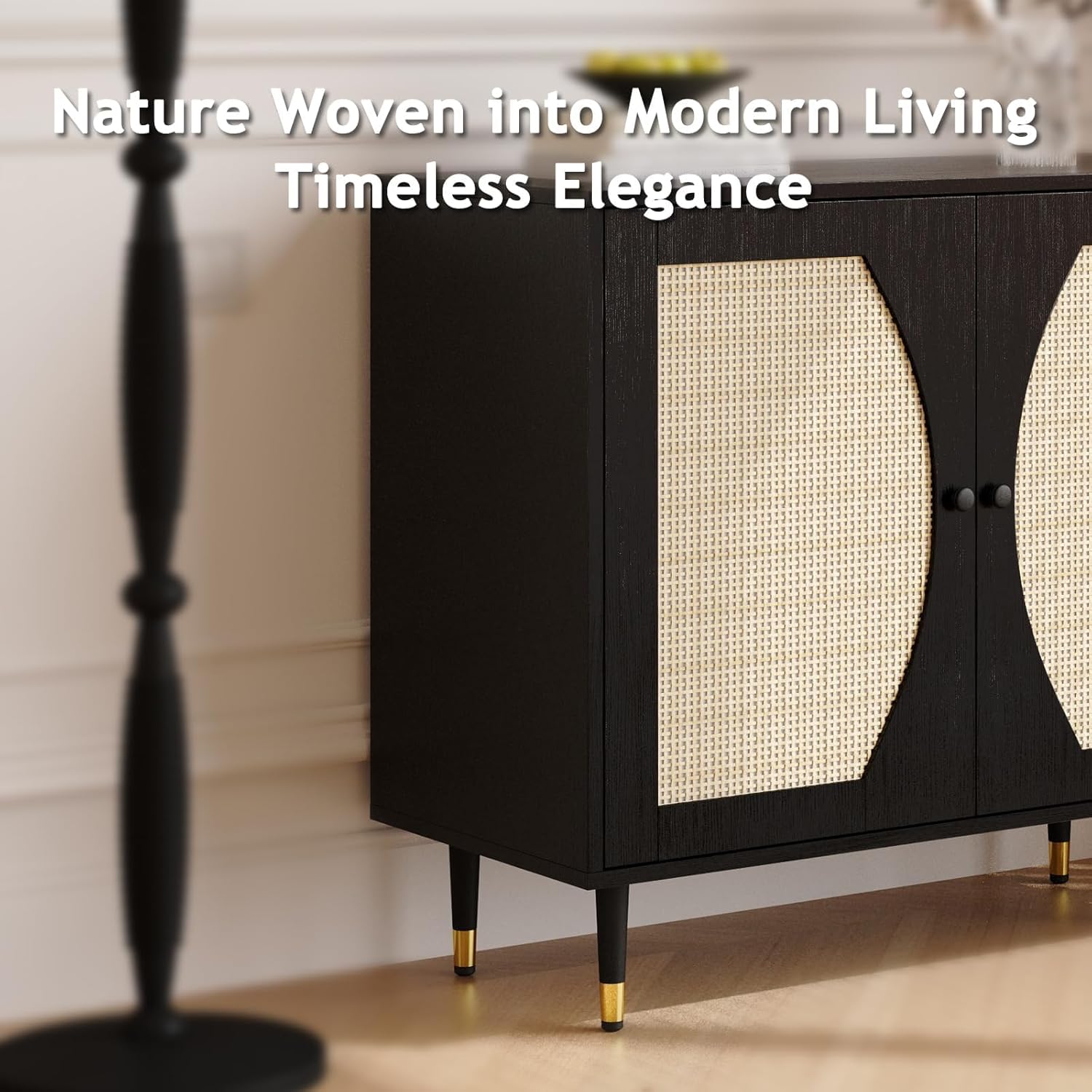 4ever2buy Rattan Buffet Cabinet with Storage, Black Sideboard Cabinet with Rattan Decor Doors, Buffet Table with Storage, Black Console Table with Adjustable Shelves, Living Room Cabinets