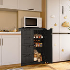 Gizoon Small Pantry Cabinet with Door and Shelves, 33'' Kitchen Pantry Cabinet Freestanding Wooden Bathroom Storage Cabinet with 4 Drawers for Kitchen and Dining Room, Black, Painted