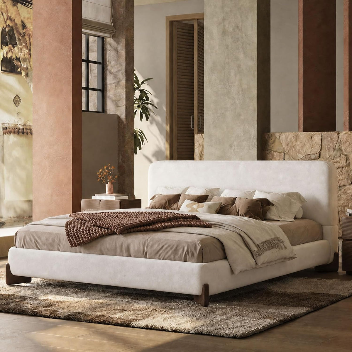 Kenhome Queen Size Boucle Cloud Bed Frame, White Upholstered Platform Bed with Soft Headboard, Solid Wood Legs, No Box Spring Required, Easy Assembly (Beige, Queen (U.S. Standard))