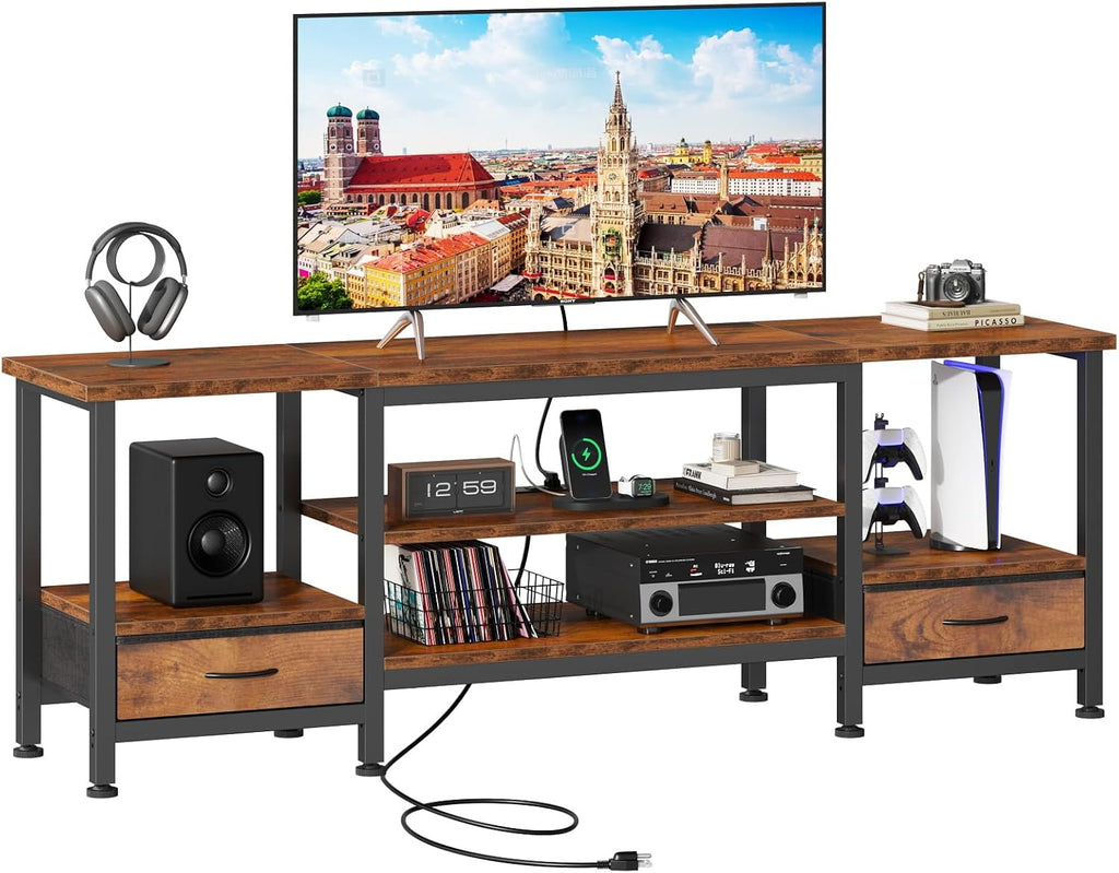 Sweetcrispy 63" TV Stand with Fabric Drawers for 65 70 75 Inch TVs | Entertainment Center with Open Shelves & Metal Frame & Charging Station for Living Room, Bedroom, Brown