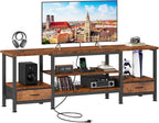 Sweetcrispy 63" TV Stand with Fabric Drawers for 65 70 75 Inch TVs | Entertainment Center with Open Shelves & Metal Frame & Charging Station for Living Room, Bedroom, Brown