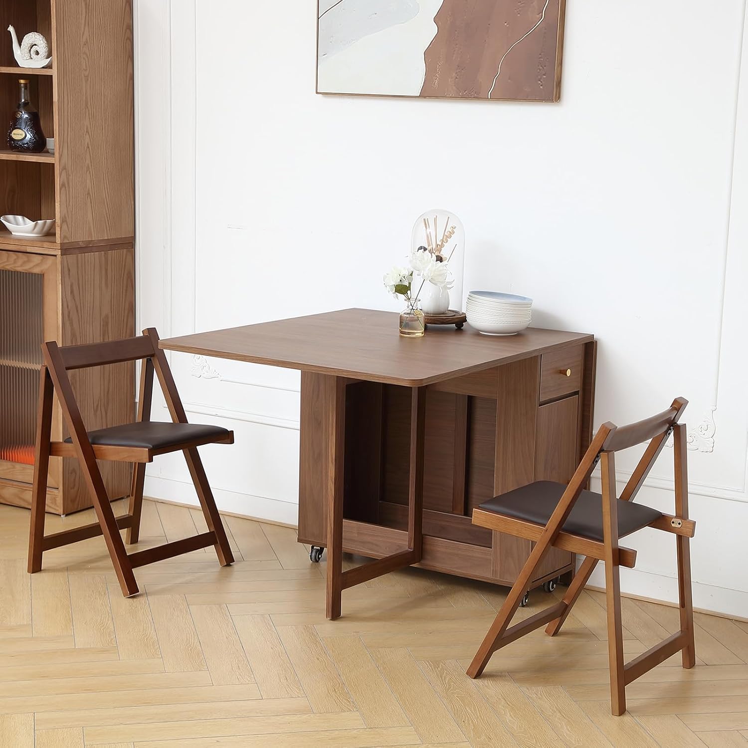 COMUHOME Extendable Drop Leaf Folding Dining Table with 4 Chairs, Collapsible Folable Dining Table with 2 Drawers and 4 Wheels, Space Saving Table for Living Room Kitchen Farmhouse in Walnut